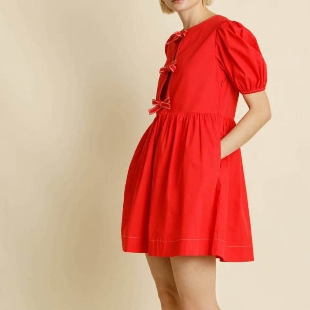 Band of the Free Tie Front Bow Dress Bubble Sleeve Mini with Pockets Party